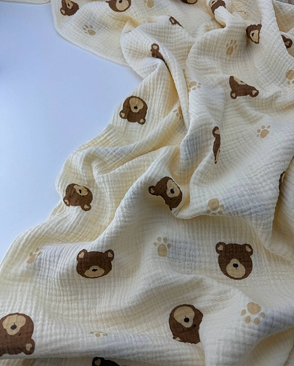 M 2038 C3 Муслін 2-х шаровий принт звірята ведмедик з лапкою на світло-бежевому 100% бавовна 160 см
