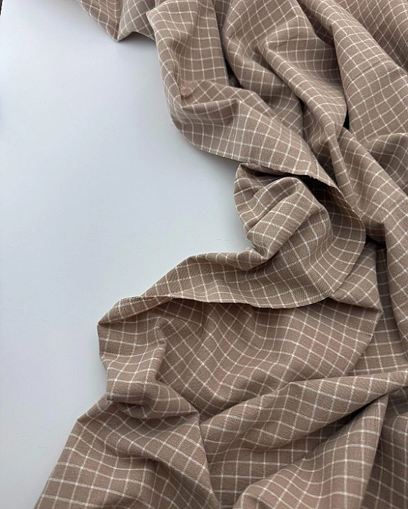 M 6010 C5 Муслін 2-х шаровий принт геометричний клітинка на біло-бежевому 100% бавовна 160 см 125-13