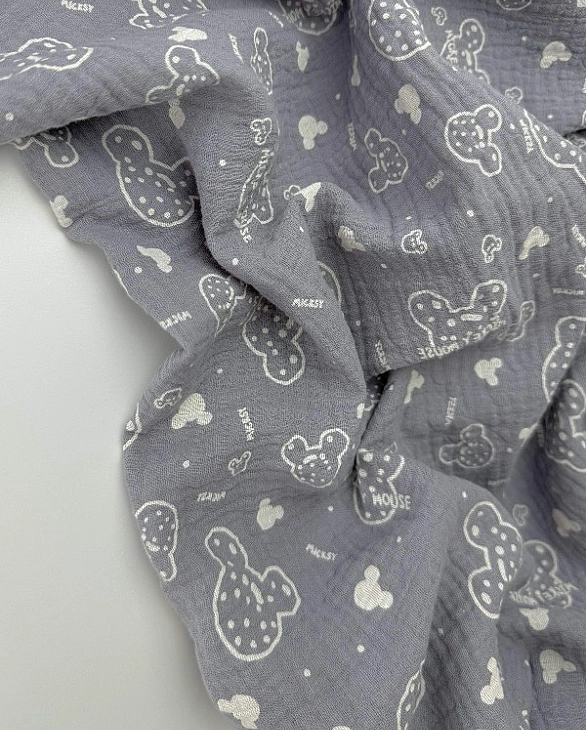 M-11/D-29-50 Муслін жатка 2-х шаровий принт звірята Міккі Мауси на сірому 100% бавовна 135-140 см 12