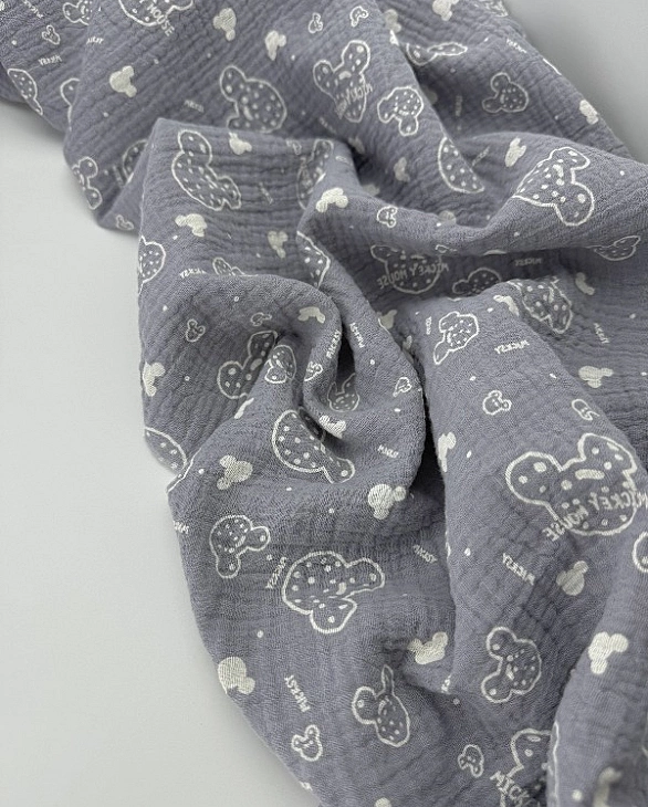 M-11/D-29-50 Муслін жатка 2-х шаровий принт звірята Міккі Мауси на сірому 100% бавовна 135-140 см 12