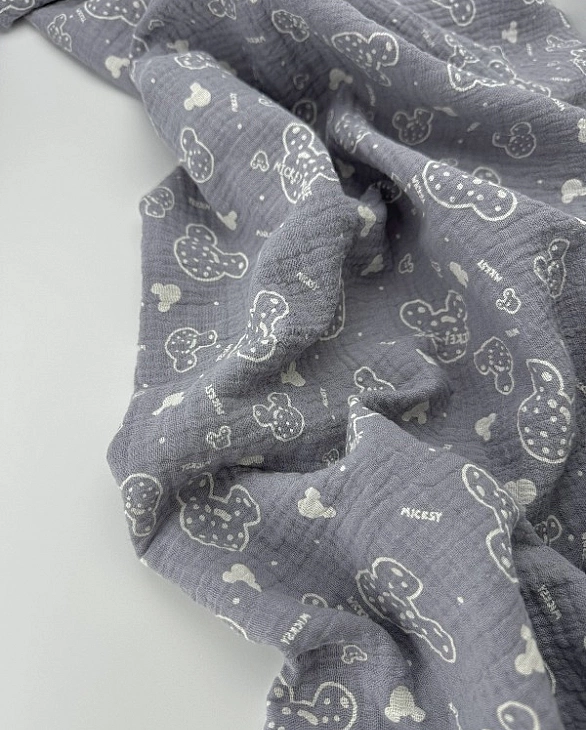 M-11/D-29-50 Муслін жатка 2-х шаровий принт звірята Міккі Мауси на сірому 100% бавовна 135-140 см 12