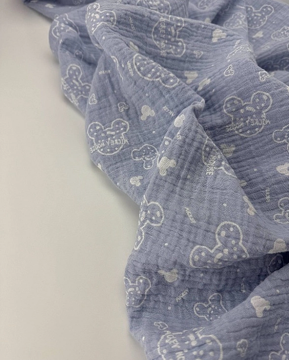 M-11/D-29-14 Муслін жатка 2-х шаровий принт звірята Міккі Мауси на блакитному 100% бавовна 135-140 с