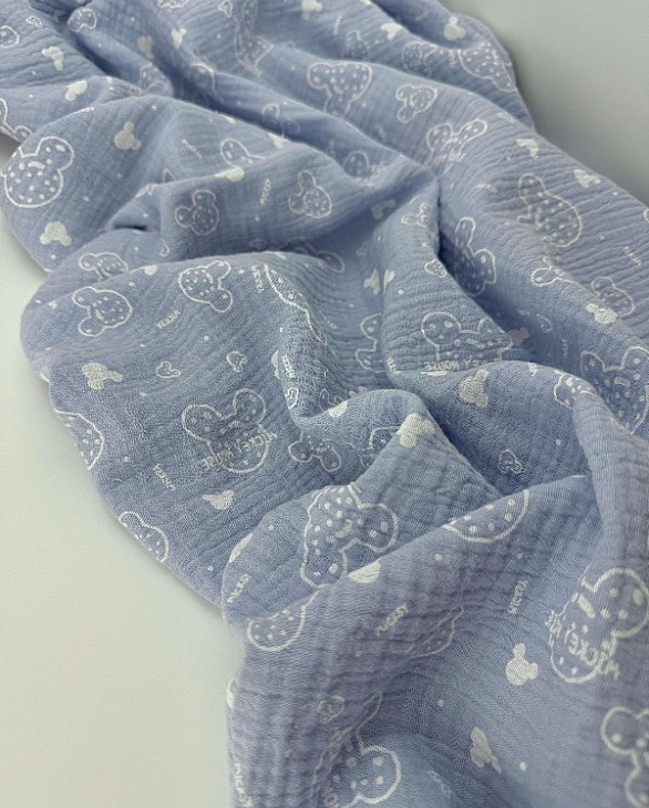 M-11/D-29-14 Муслін жатка 2-х шаровий принт звірята Міккі Мауси на блакитному 100% бавовна 135-140 с