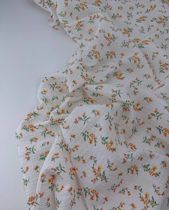 MINT-6 Муслін жатка 2-х шаровий принт квіти помаранчеві на молочному 100% бавовна 135-140 см 125-135