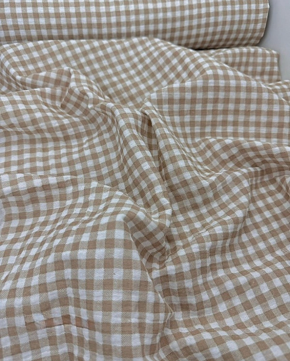 MINT-2 Муслін жатка 2-х шаровий принт геометричний клітинка бежева на молочному 100% бавовна 135-140