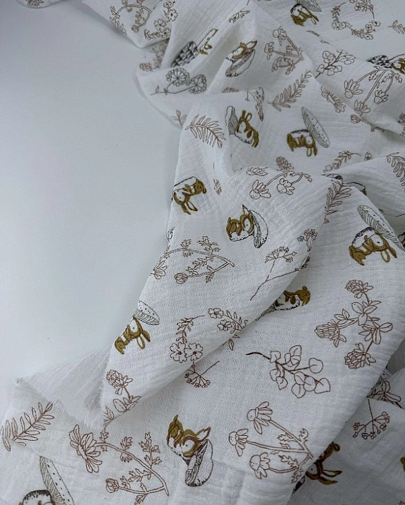 MINT-14 Муслін жатка 2-х шаровий принт звірята зайчата, грибочки, гілочки на молочному 100% бавовна