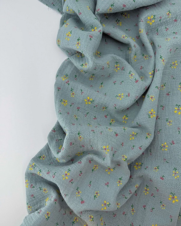 2023030C38 Муслін жатка 2-х шаровий принт квіти ромашки жовті на шавлії 100% бавовна 135-140 см 125-