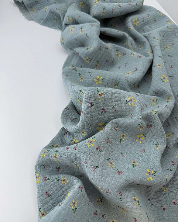 2023030C38 Муслін жатка 2-х шаровий принт квіти ромашки жовті на шавлії 100% бавовна 135-140 см 125-