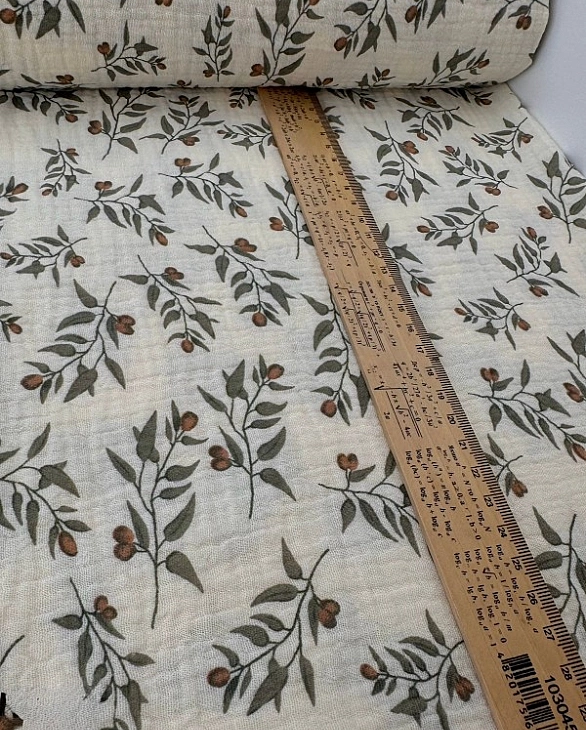 MINT-16 Муслін жатка 2-х шаровий принт рослинний гілочки оливи на айворі 100% бавовна 135-140 см 125