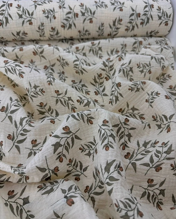 MINT-16 Муслін жатка 2-х шаровий принт рослинний гілочки оливи на айворі 100% бавовна 135-140 см 125
