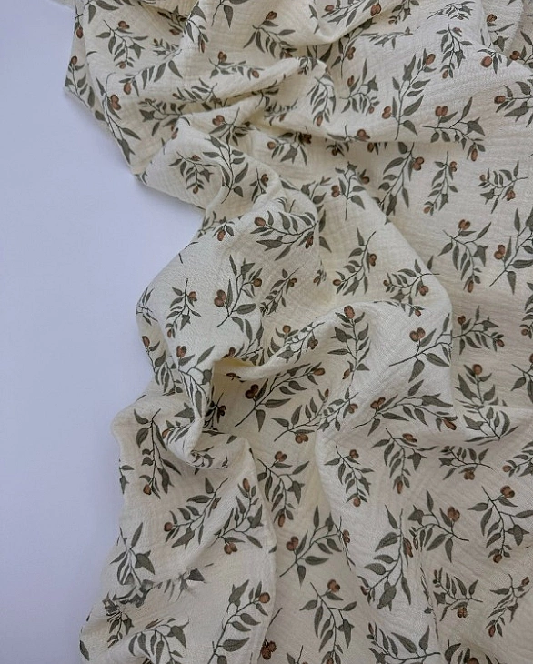 MINT-16 Муслін жатка 2-х шаровий принт рослинний гілочки оливи на айворі 100% бавовна 135-140 см 125