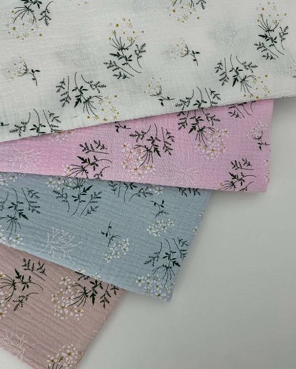 M16C5 Муслін жатка 2-х шаровий принт квіти мімози на бежево-пудровому 100% бавовна 135-140 см 125-13