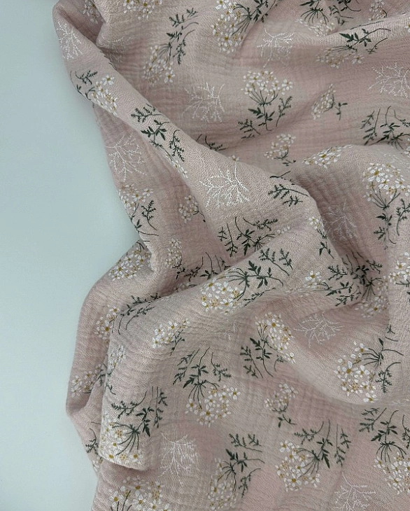 M16C5 Муслін жатка 2-х шаровий принт квіти мімози на бежево-пудровому 100% бавовна 135-140 см 125-13