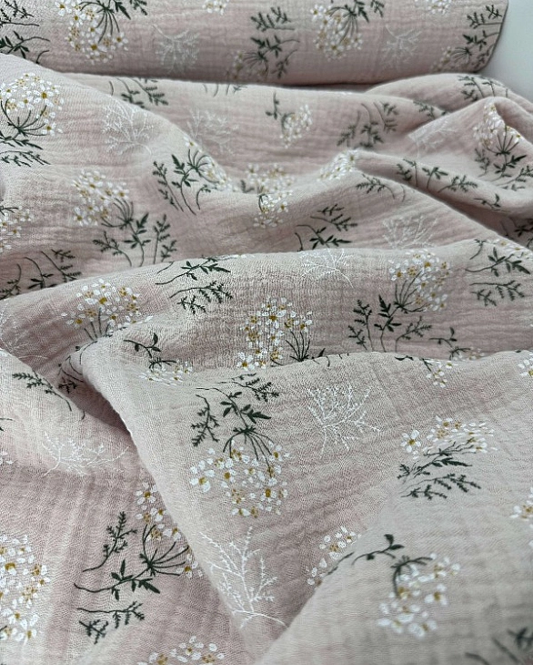 M16C5 Муслін жатка 2-х шаровий принт квіти мімози на бежево-пудровому 100% бавовна 135-140 см 125-13