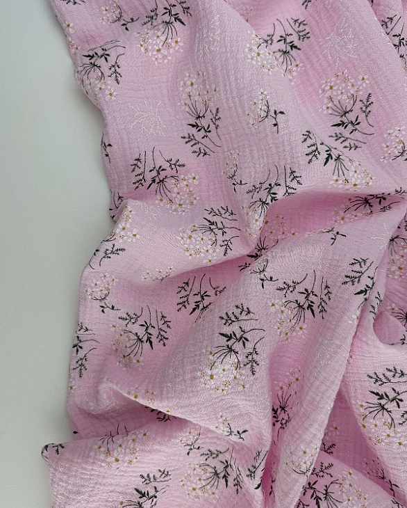 M16C16 Муслін жатка 2-х шаровий принт квіти мімози на рожевому 100% бавовна 135-140 см 125-135 грам/