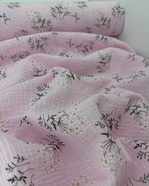 M16C16 Муслін жатка 2-х шаровий принт квіти мімози на рожевому 100% бавовна 135-140 см 125-135 грам/