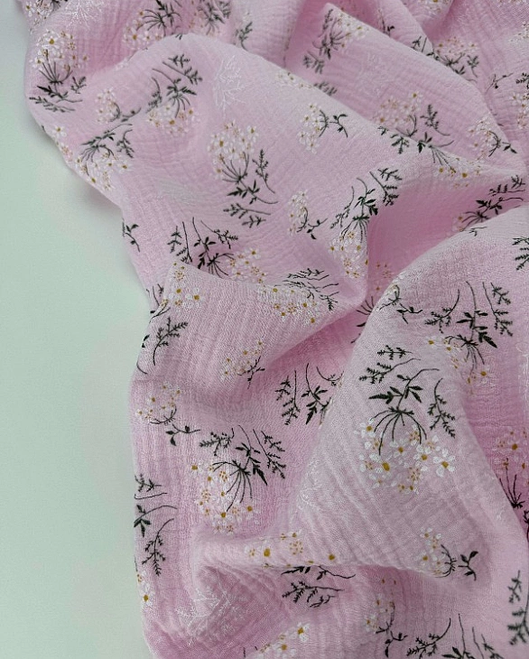 M16C16 Муслін жатка 2-х шаровий принт квіти мімози на рожевому 100% бавовна 135-140 см 125-135 грам/