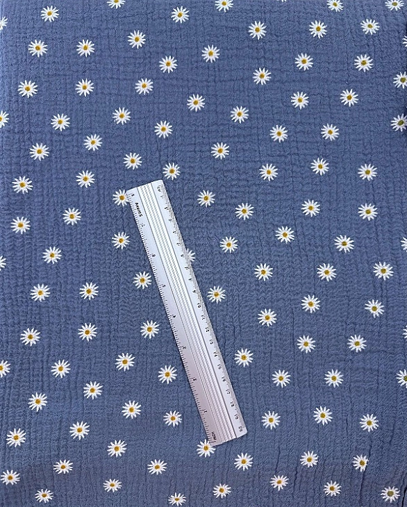 M 5007 C84 Муслін жатка 2-х шаровий принт квіти ромашки білі середні на сіро-синьому 100% бавовна 13