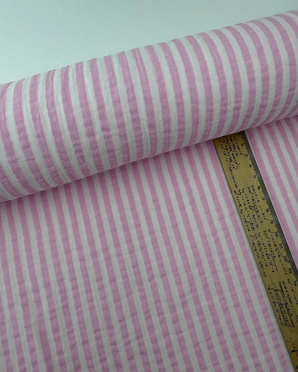 LEAD-19-F Муслін жатка 2-х шаровий принт геометричний полоска бузкова на молочному 100% бавовна 135-