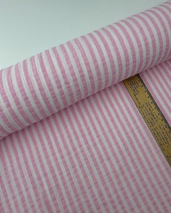 LEAD-19-F Муслін жатка 2-х шаровий принт геометричний полоска бузкова на молочному 100% бавовна 135-