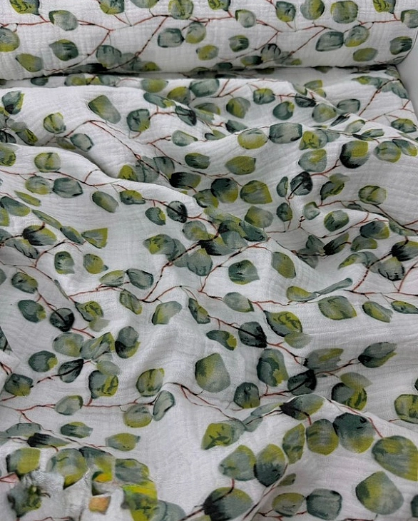 STAR-80005 Муслін жатка 2-х шаровий принт рослинний листочки евкаліпта на білому 100% бавовна 135-14