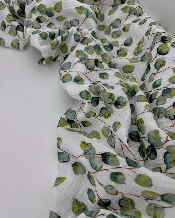 STAR-80005 Муслін жатка 2-х шаровий принт рослинний листочки евкаліпта на білому 100% бавовна 135-14