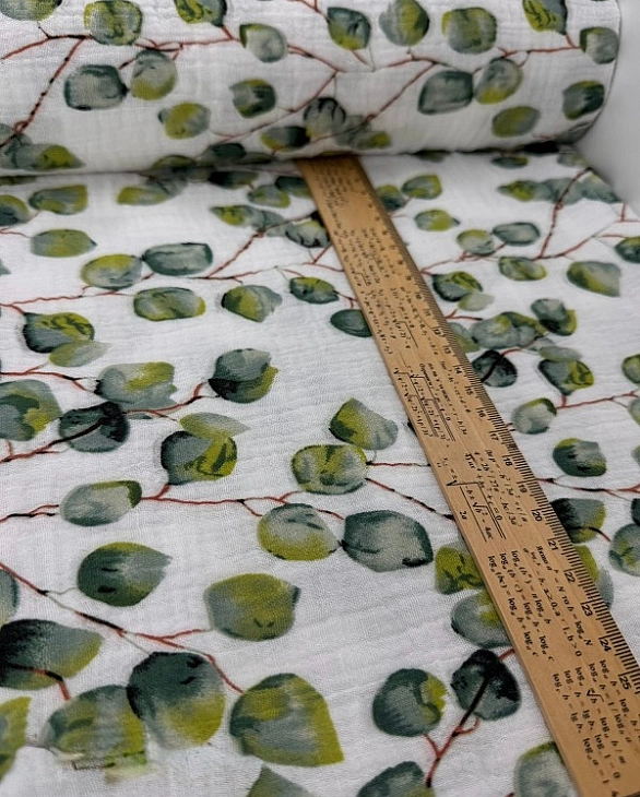 STAR-80005 Муслін жатка 2-х шаровий принт рослинний листочки евкаліпта на білому 100% бавовна 135-14