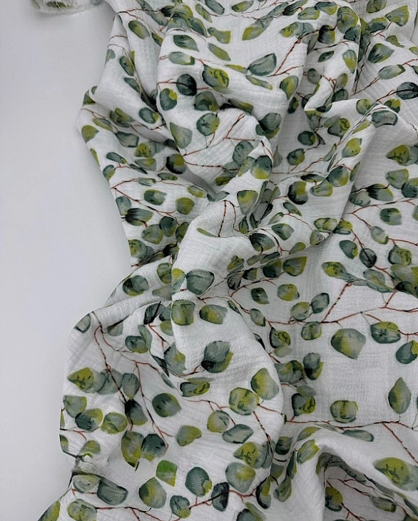 STAR-80005 Муслін жатка 2-х шаровий принт рослинний листочки евкаліпта на білому 100% бавовна 135-14