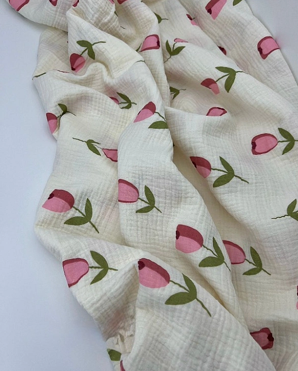 STAR-80007 Муслін жатка 2-х шаровий принт квіти тюльпани великі на айворі 100% бавовна 135-140 см 12