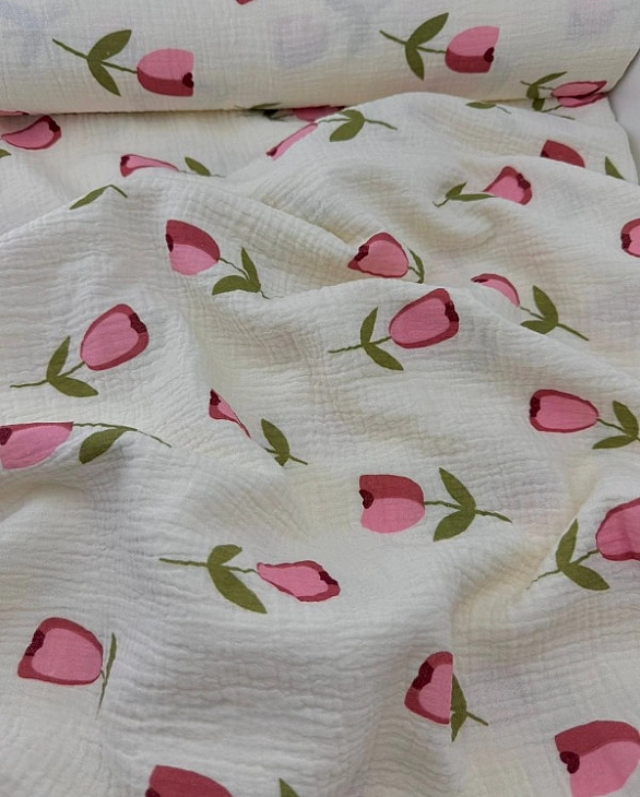 STAR-80007 Муслін жатка 2-х шаровий принт квіти тюльпани великі на айворі 100% бавовна 135-140 см 12