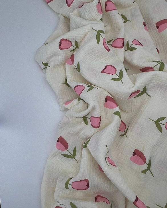 STAR-80007 Муслін жатка 2-х шаровий принт квіти тюльпани великі на айворі 100% бавовна 135-140 см 12