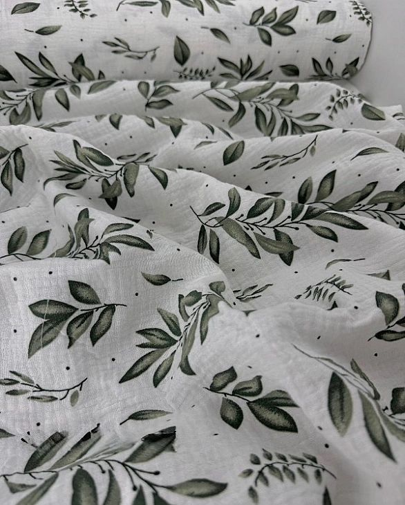 STAR-80011 Муслін жатка 2-х шаровий принт геометричний гілочки зелені довгі на білому 100% бавовна 1