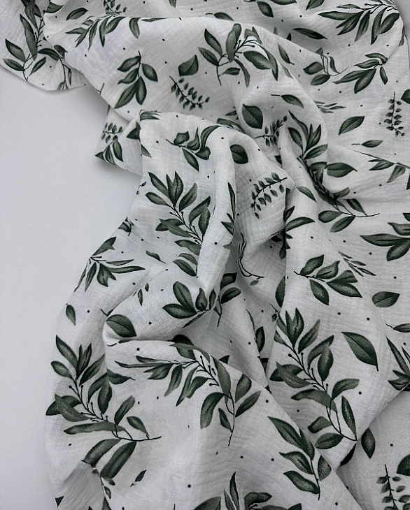 STAR-80011 Муслін жатка 2-х шаровий принт геометричний гілочки зелені довгі на білому 100% бавовна 1