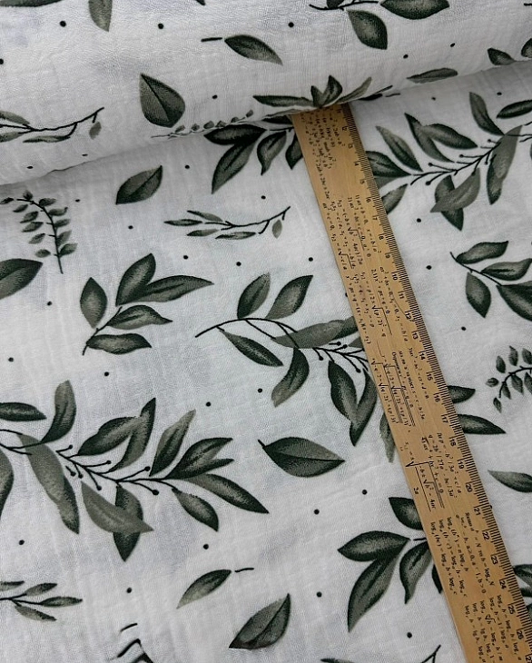 STAR-80011 Муслін жатка 2-х шаровий принт геометричний гілочки зелені довгі на білому 100% бавовна 1