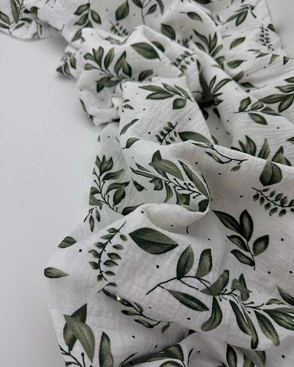 STAR-80011 Муслін жатка 2-х шаровий принт геометричний гілочки зелені довгі на білому 100% бавовна 1