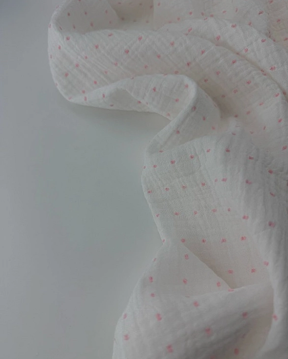 STAR-80015-2 Муслін жатка 2-х шаровий принт у рожеву мушку на молочному 100% бавовна 135-140 см 125-