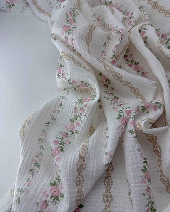 MR C03301 | RAINBOW-C03301 Муслін жатка 2-х шаровий принт квіти троянди рожеві з бежевим візерунком