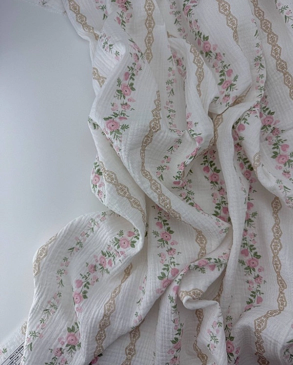 MR C03301 | RAINBOW-C03301 Муслін жатка 2-х шаровий принт квіти троянди рожеві з бежевим візерунком