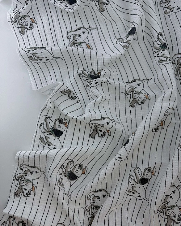 M 2015 C2 Муслін жатка 2-х шаровий принт звірята собачки далматинці, смужка на молочному 100% бавовн