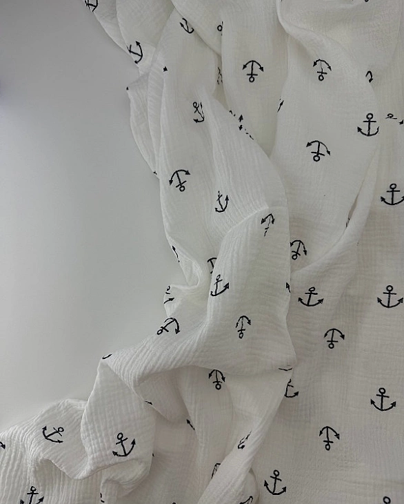 M 07001 C02 | RAINBOW-C07 Муслін жатка 2-х шаровий принт якоря морські на білому 100% бавовна 135-14
