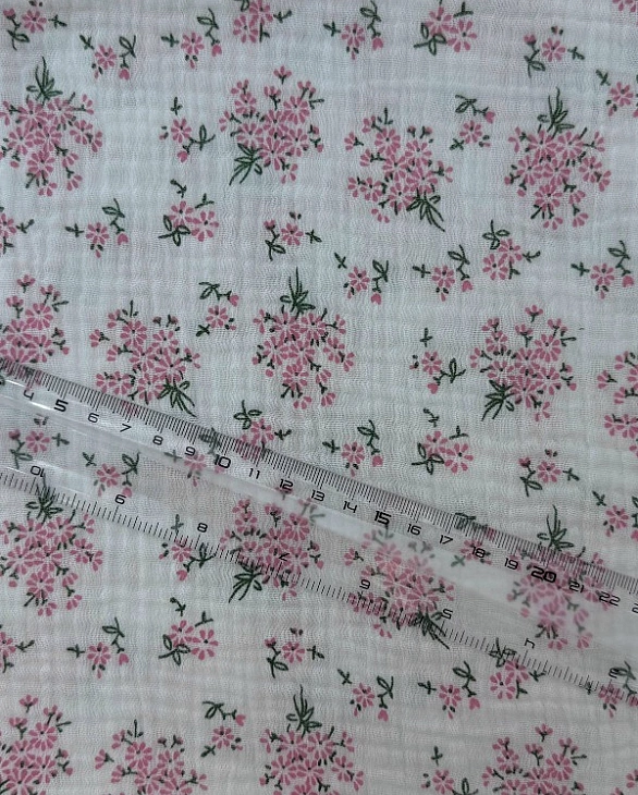 MR C01601 | RAINBOW-C01601 Муслін жатка 2-х шаровий принт квіти ромашки рожеві в букетах на білому 1