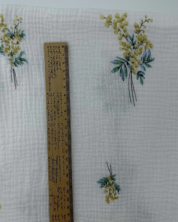 M 03501 C02 | RAINBOW-C03 Муслін жатка 2-х шаровий принт квіти гілочки мімози на молочному 100% баво