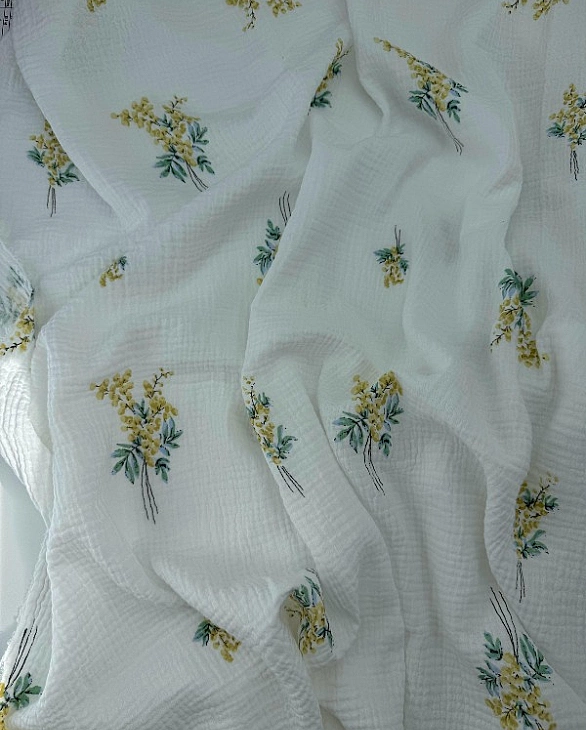 M 03501 C02 | RAINBOW-C03 Муслін жатка 2-х шаровий принт квіти гілочки мімози на молочному 100% баво