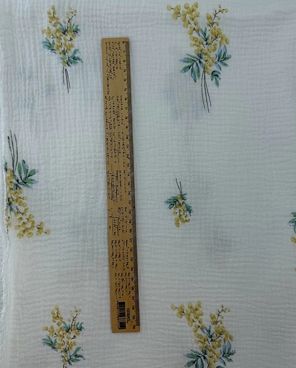 M 03501 C02 | RAINBOW-C03 Муслін жатка 2-х шаровий принт квіти гілочки мімози на молочному 100% баво