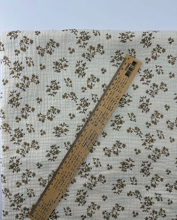 M 04501 C03 | RAINBOW-C04 Муслін жатка 2-х шаровий принт квіти листочки бежеві на айворі 100% бавовн