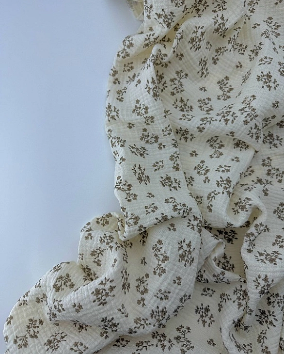 M 04501 C03 | RAINBOW-C04 Муслін жатка 2-х шаровий принт квіти листочки бежеві на айворі 100% бавовн