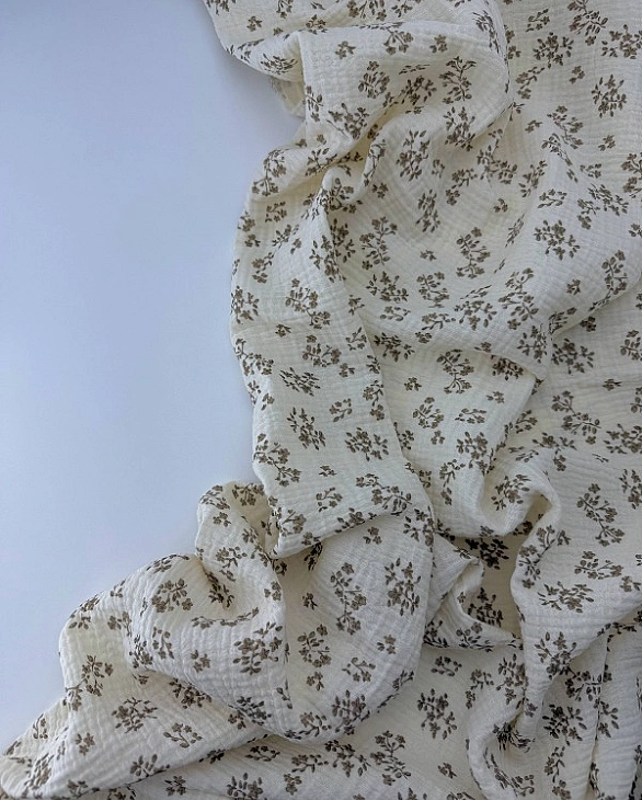 M 04501 C03 | RAINBOW-C04 Муслін жатка 2-х шаровий принт квіти листочки бежеві на айворі 100% бавовн