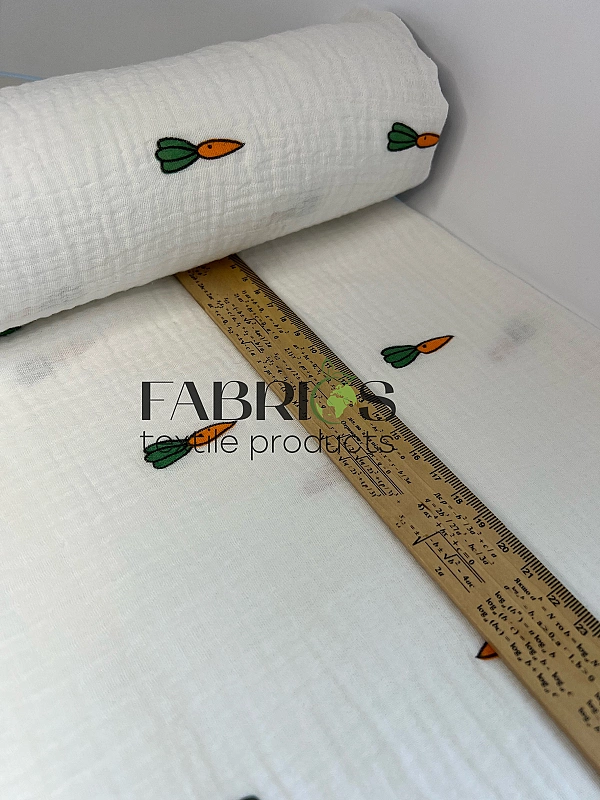 M 4000 C2 Муслін жатка 2-х шаровий принт фрукти,ягоди, овочі моркви на молочному 100% бавовна 135-14