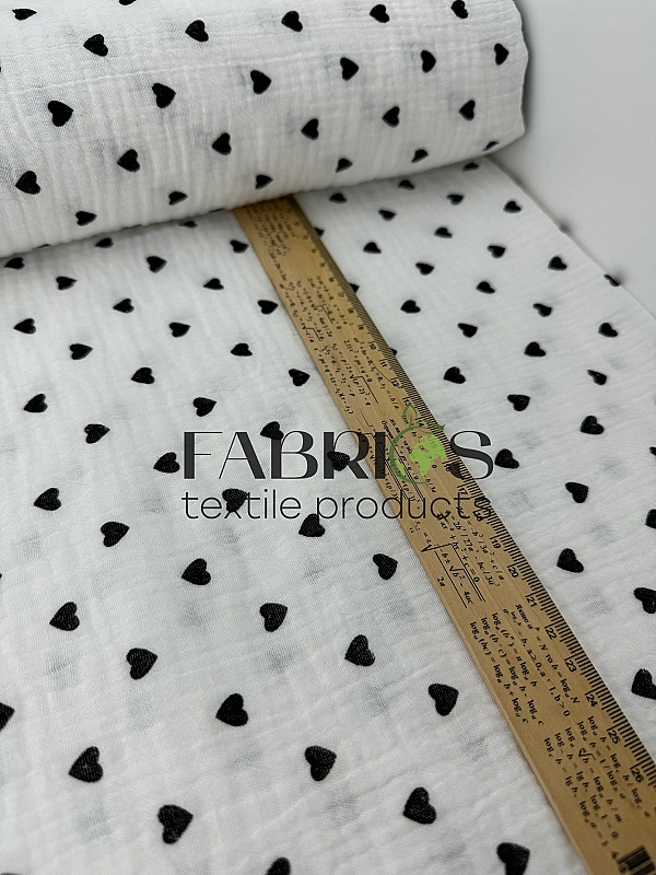 M-2/D-2-2 Муслін жатка 2-х шаровий принт LOVE сердечки чорні дрібні на молочному 100% бавовна 135-14