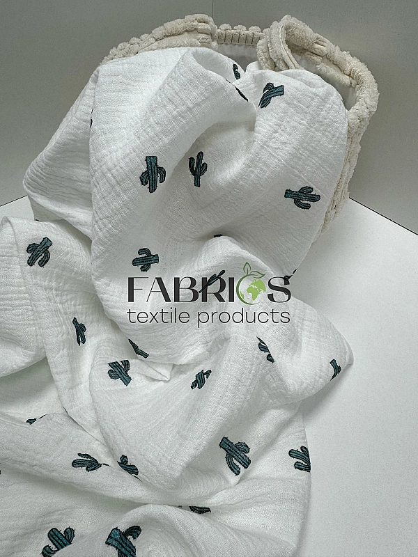 M-3/D-9-2 Муслін жатка 2-х шаровий принт рослинний кактуси на молочному 100% бавовна 135-140 см 125-